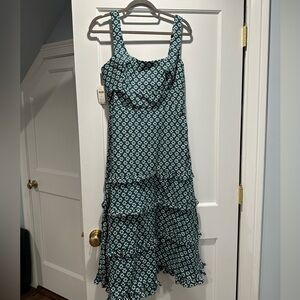 New Anthropologie The Blythe Square-Neck Tiered Midi Dress $170 LARGE Green